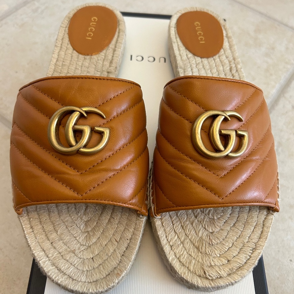 Gucci Cognac Quilted Leather GG Espadrille Slide Slippers